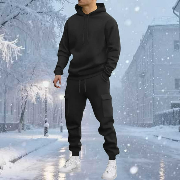 Ceisia Men's Solid Color Hooded Tracksuit Set with Cargo Pockets for Casual & Sports Wear Black XXL Gifts