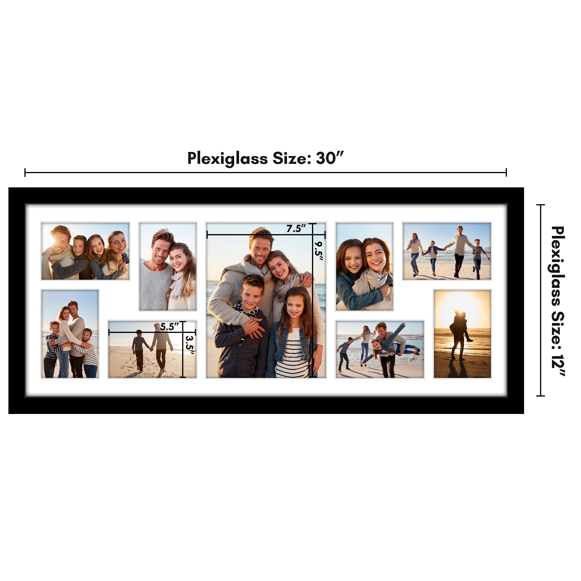 Americanflat 12x30 Picture Frame with Polished Plexiglass Collage Multi Frames Fit One Eight Photos - Black