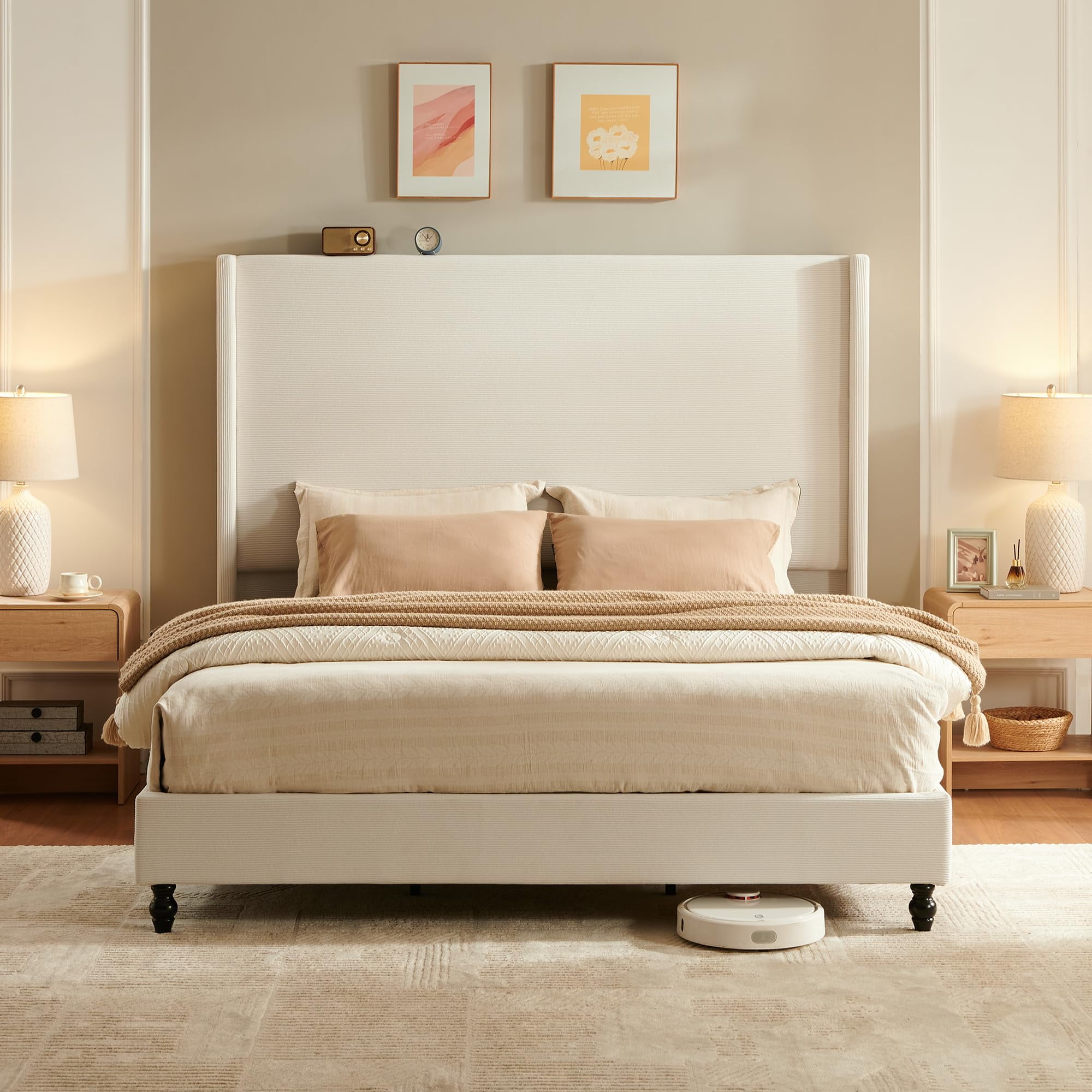 VanAcc Queen Bed Frame with 63" Tall Headboard, Horizontal Fine Corduroy Bed Frame with Upholstered Wingback, Vintage Solid Wood Gourd Legs, Cream