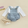 thumbnail image 3 of Baby 2PCS Spring Romper Suit  Long Sleeve Plain Ribbed Crew Tops+ Buckle Shoulder Straps Snap Triangle Suspender Romper, 3 of 7