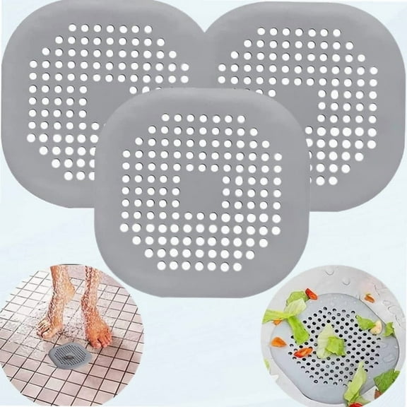 3 Pack Drain Cover Catcher Pad, Silicone Tube Trap Shower with Suction Cup for Bathroom Kitchen, 5.5 Inch Flat Square Rubber Strainer Plug Strainer Tub Sink Home Drain Protector, Gray