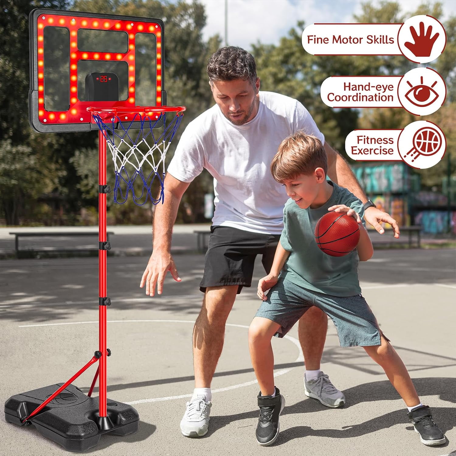Adjustable Height Kids Basketball Hoop 3.5FT-6.2FT with Scoreboard & LED Light, Portable Indoor & Outdoor Basketball Goal for 3-8 Years Boys and Girls