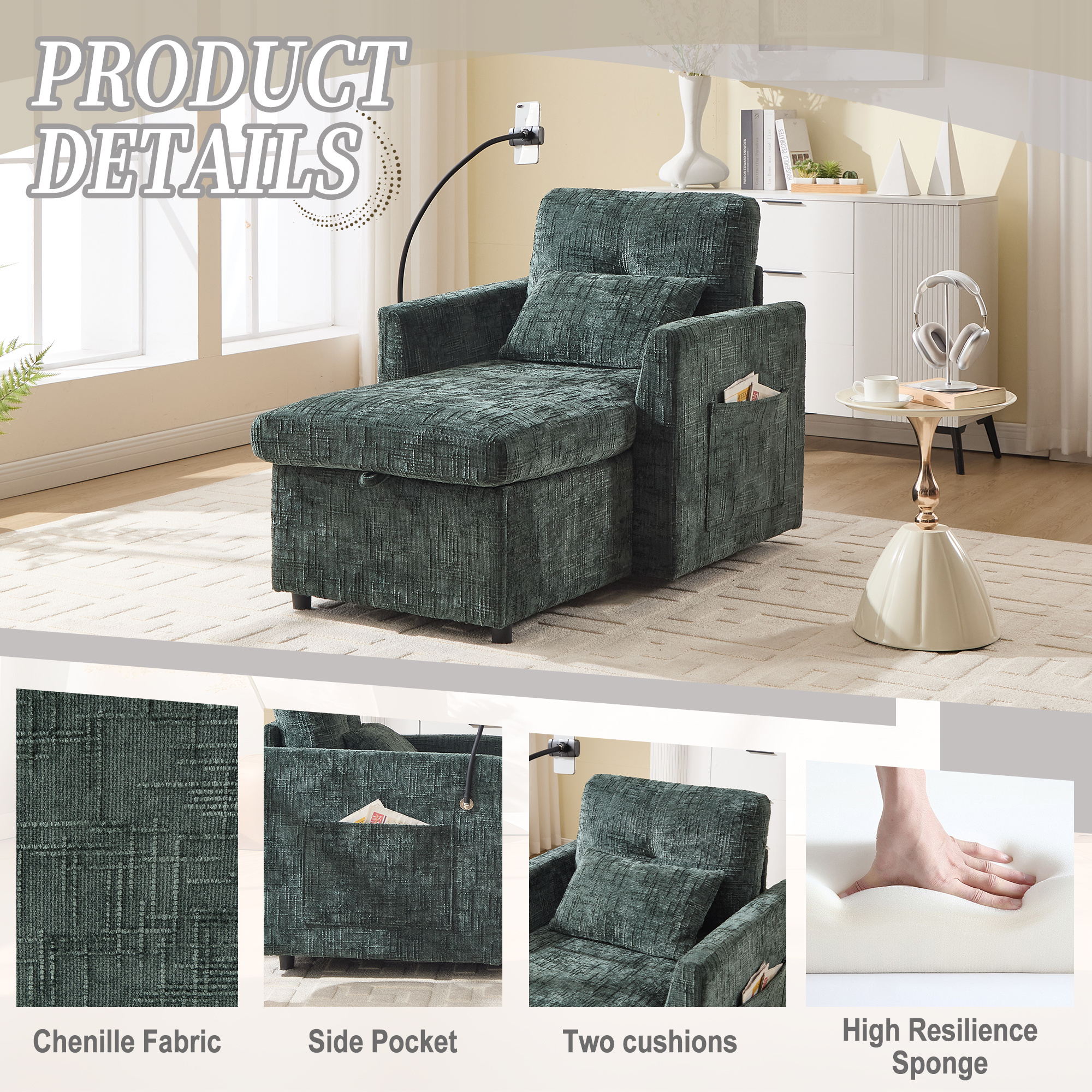 MOONMISS Chenille Upholstered Storage Lazy Single Leisure Chair Sofa with Phone Holder&Side Pocket-Emerald