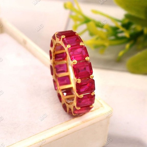 925 Sterling Silver Lab-Created Ruby Eternity Band Emerald-Cut Gemstones Luxury Jewelry for Women Ideal for Engagement, Wedding, Birthstone Celebration, or Anniversary Gift Silver 4