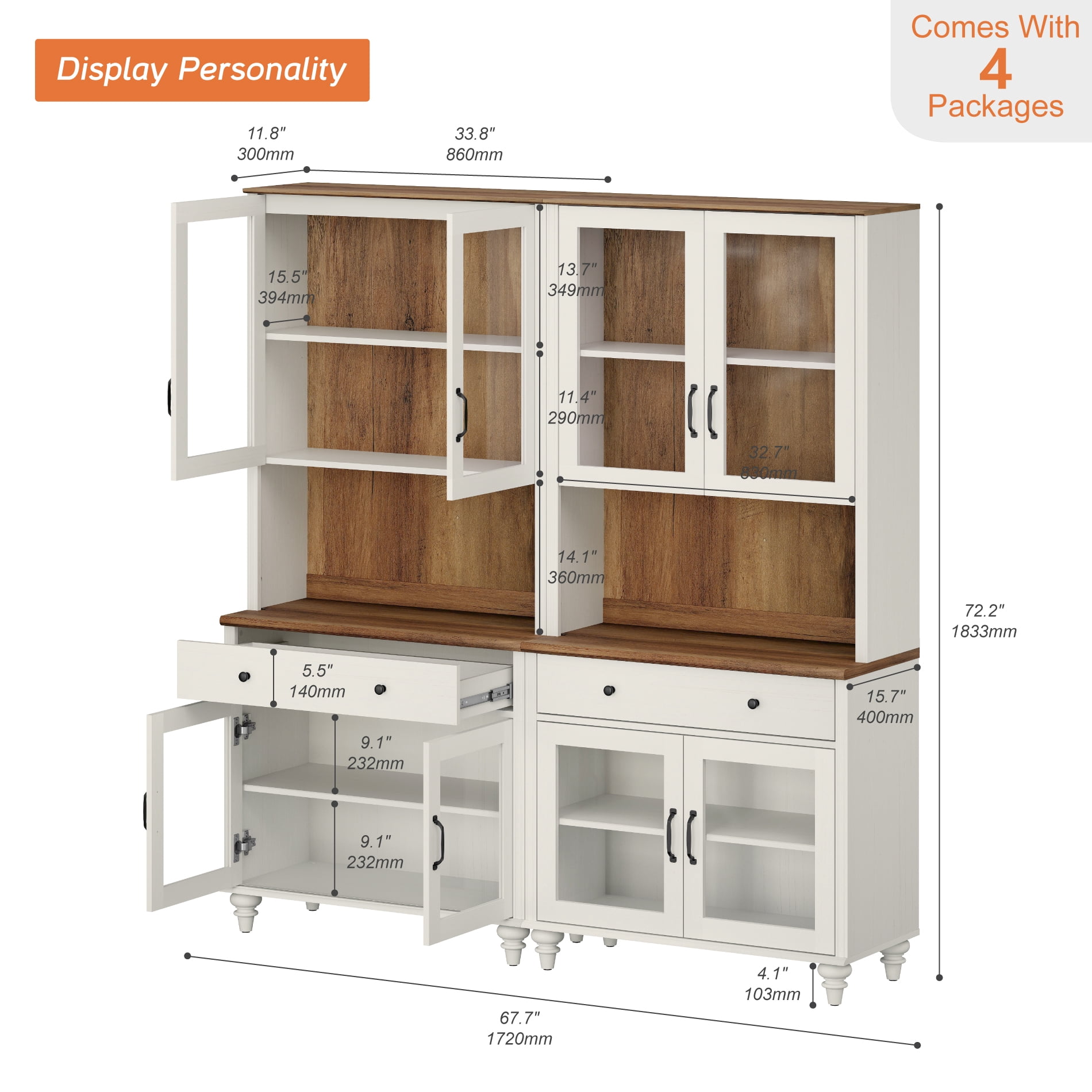 72.1"H × 67.7"W Bookcase with Glass Doors and Drawer, Large Farmhouse Bookcase with Bar Hutch, Suitable for Living Room, Bedroom, Home Office & Kitchen, White