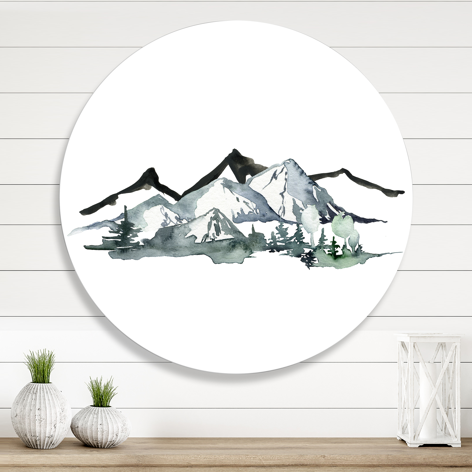 Designart 'Minimalistic Fir Forest and Winter Mountains I' Modern Circle Metal Wall Art 23x23 - Disc of 23