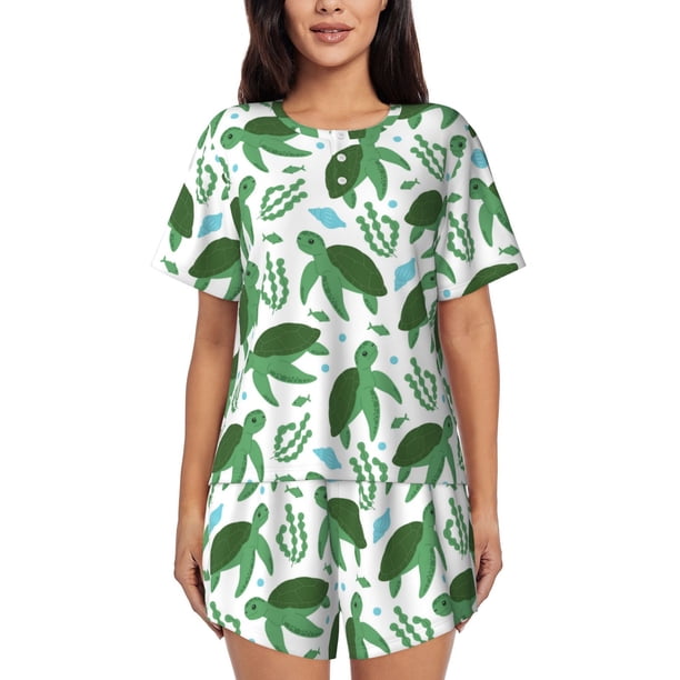 Fotbe Cartoon Turtle Conjunto de Pijama Estampado para Mujer, 2 Piezas, Ropa de Dormir con Camiseta de Manga Corta y Shorts Suaves-X-Large