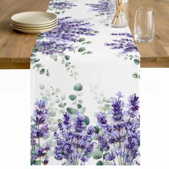 Eucalyptus Lavender Table Runner 48 Inches Long Farmhouse Dress Scarves, Botanical Watercolor Flowers Leaves Dining Tablerunner for Coffee Table/Kitchen Island/Party Décor, 13" x 48"