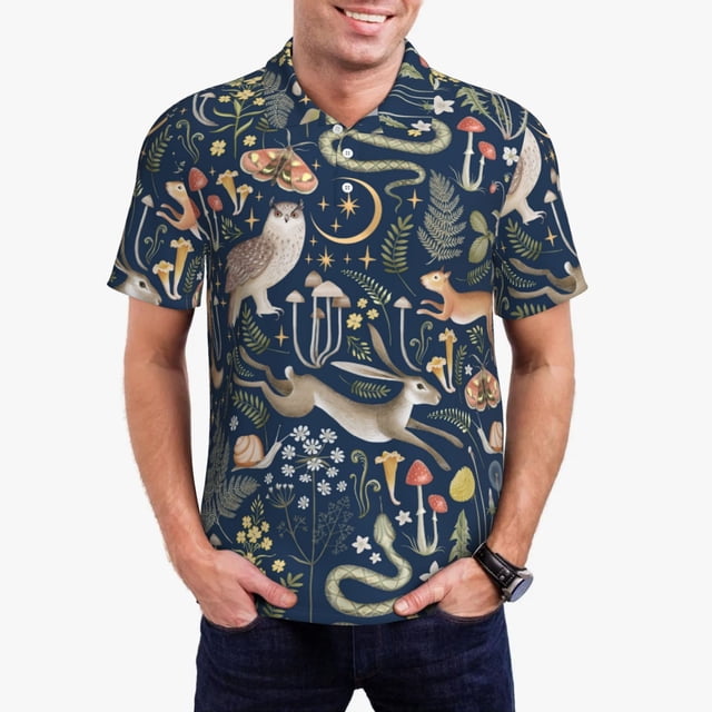 Balery Retro Forest Animals Camisa Polo de Hombre con Estampado, de Manga Corta y Tejido Medio, Camisa Tipo Golf Polo-Medium