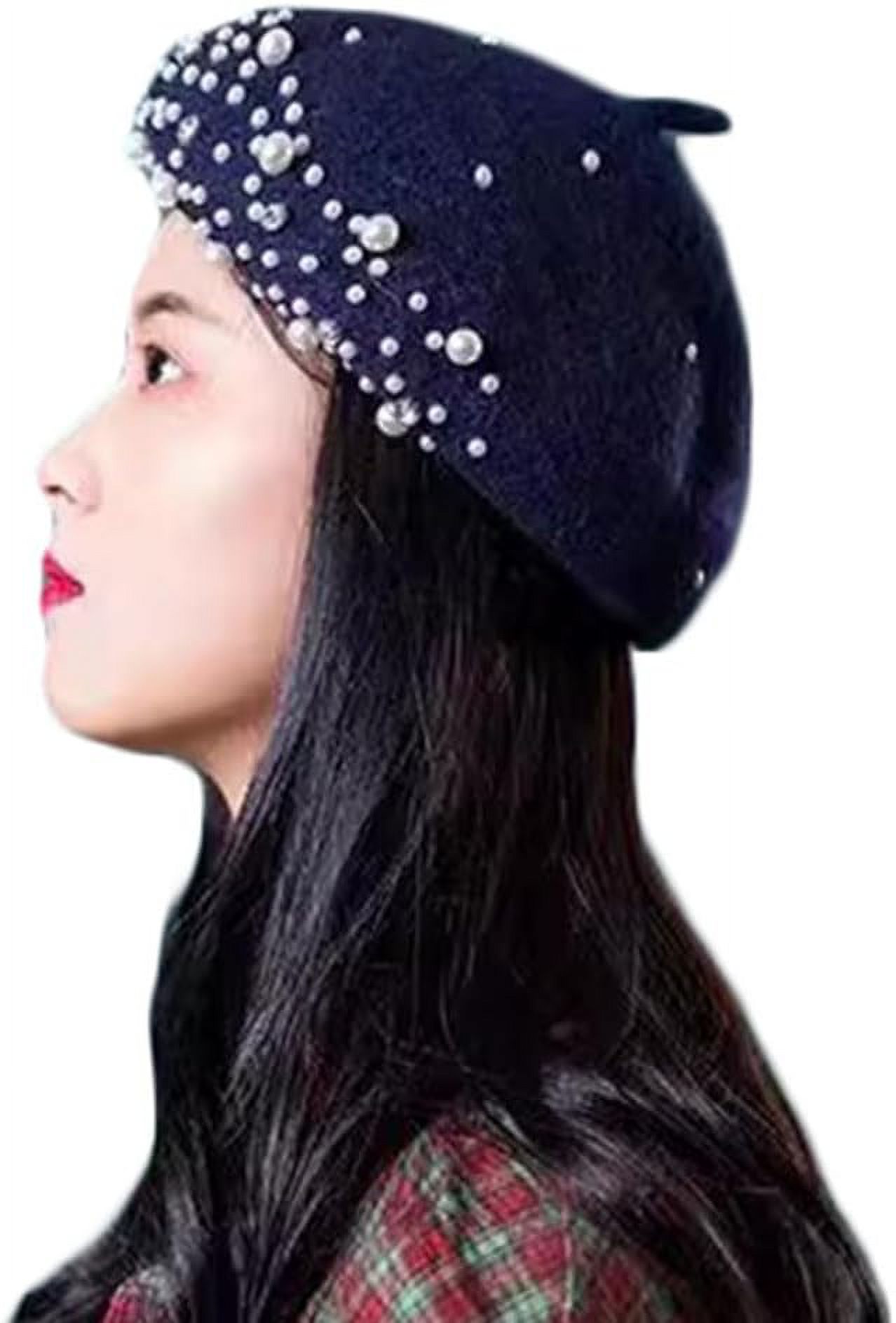 4128 Women Girls Beaded Pearl Rhinestone Wool French Beret Hat Winter Artist Women Girls Beaded Pearl Rhinestone Wool French Beret Hat  main image 3