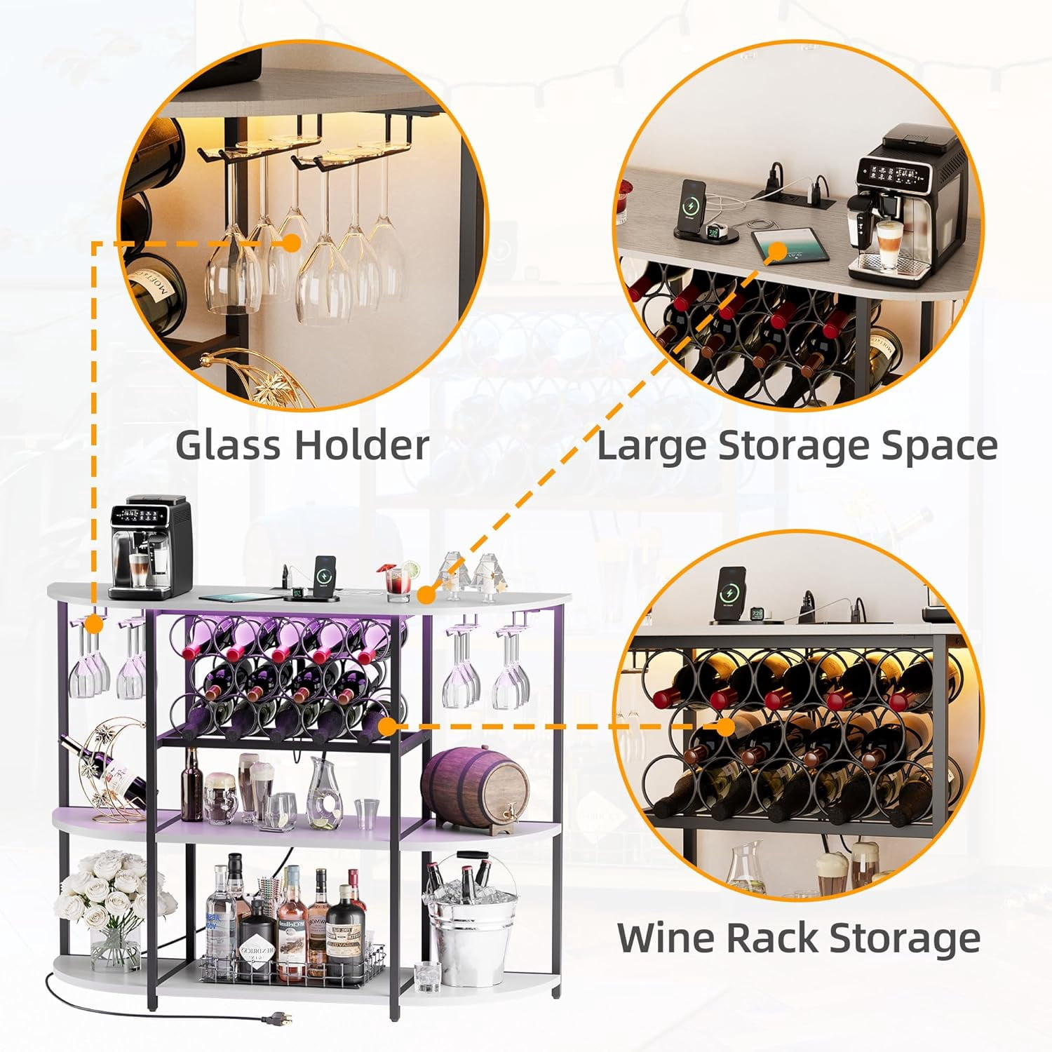 VICTONE Wine Bar Cabinet with LED Lights and Power Outlets, Freestanding Coffee Liquor Bar Cabinet with Glass Holder, Wine Rack Table for Home Kitchen Dining Room (White)