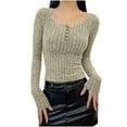 thumbnail image 2 of Chandails à Manches Longues pour Femmes Automne Hiver Bouton Col Rond Hauts Extensibles Décontractés Blouses Côtelées Kaki P, 2 of 4