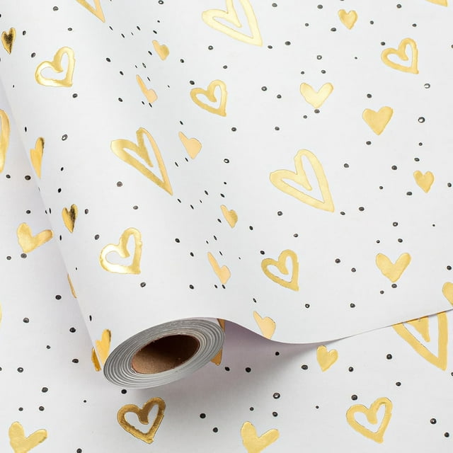 Rollo de Papel de Regalo Corazón de Kraft - Diseño de Folio Dorado en Relieve 3D, Papel de Regalo de Lujo para San Valentín, Aniversarios, Cumpleaños, Boda - Rollo Mini
