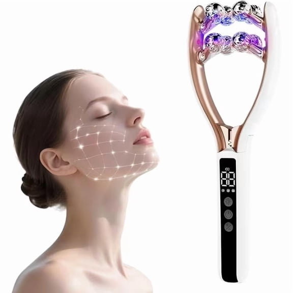 Microcurrent LED Heat Facial Roller Massager, 8 Roller Head V Shape Face Lift Device, USB Rechargeable Skin Firming Contouring Beauty Tool for Daily Skincare & Full Body Massage