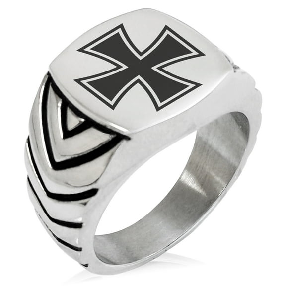 Stainless Steel Pattee Iron Cross Chevron Pattern Biker Style Polished Ring