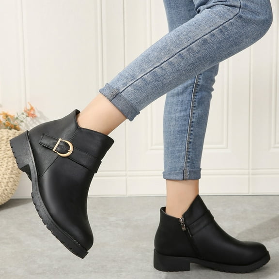Women's Chunky Low Heel Ankle Boots Classic Round Toe Side Zipper Buckle Short Bootie 2023 Winter Pull On Fall Dress Shoes