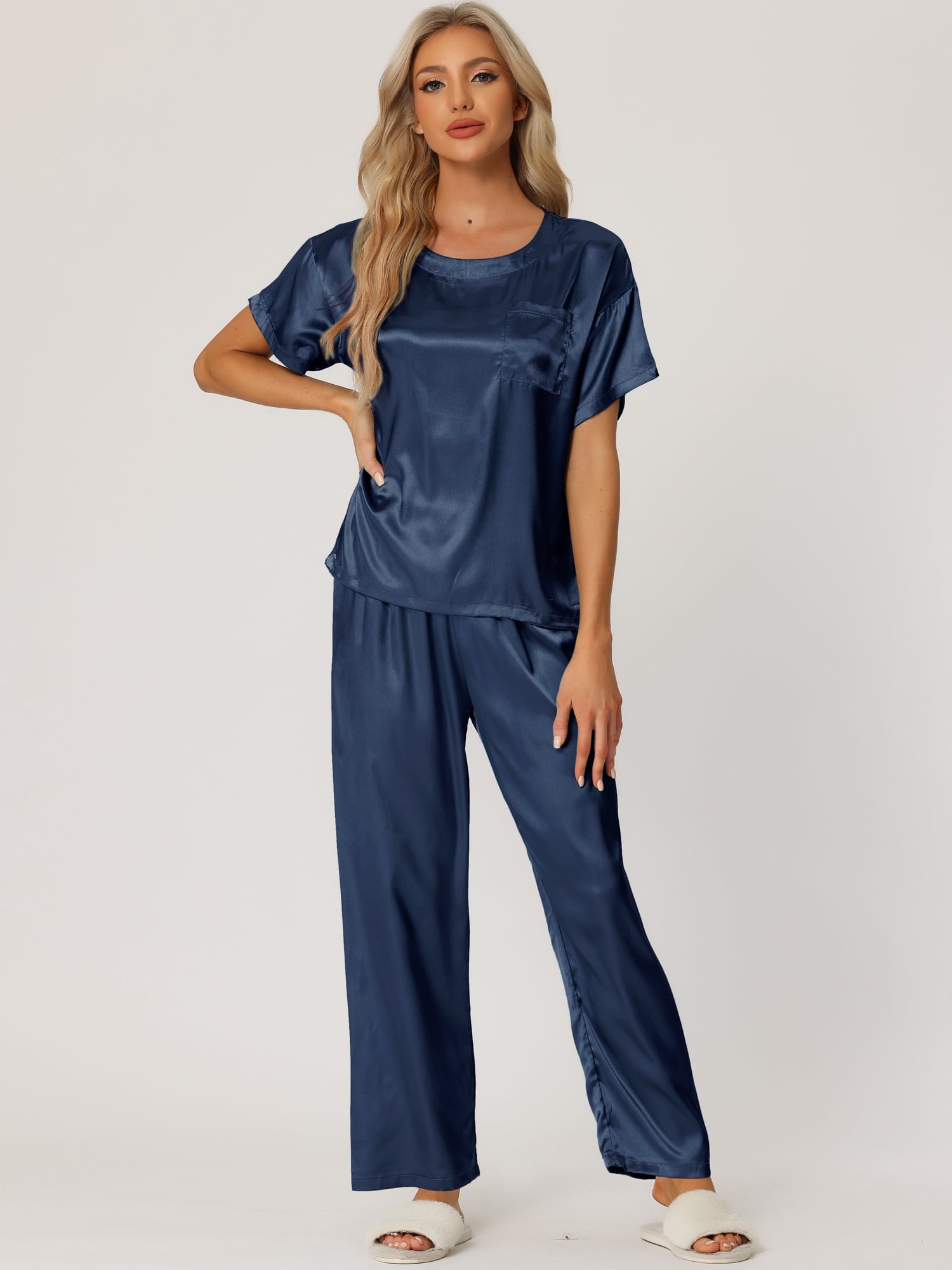 DARING DIVA Women's Satin Pajamas Sleepwear Summer Outfits Short Sleeves Tops 2XL Blue