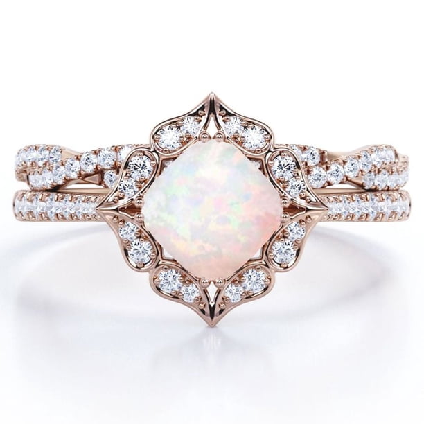 JeenMata Anillo Nupcial con Pavé Infinito de Moissanita y Ópalo Australiano de Talla Cojín de 1,5 Quilates Engastado en Oro Rosa de 18 K sobre Plata