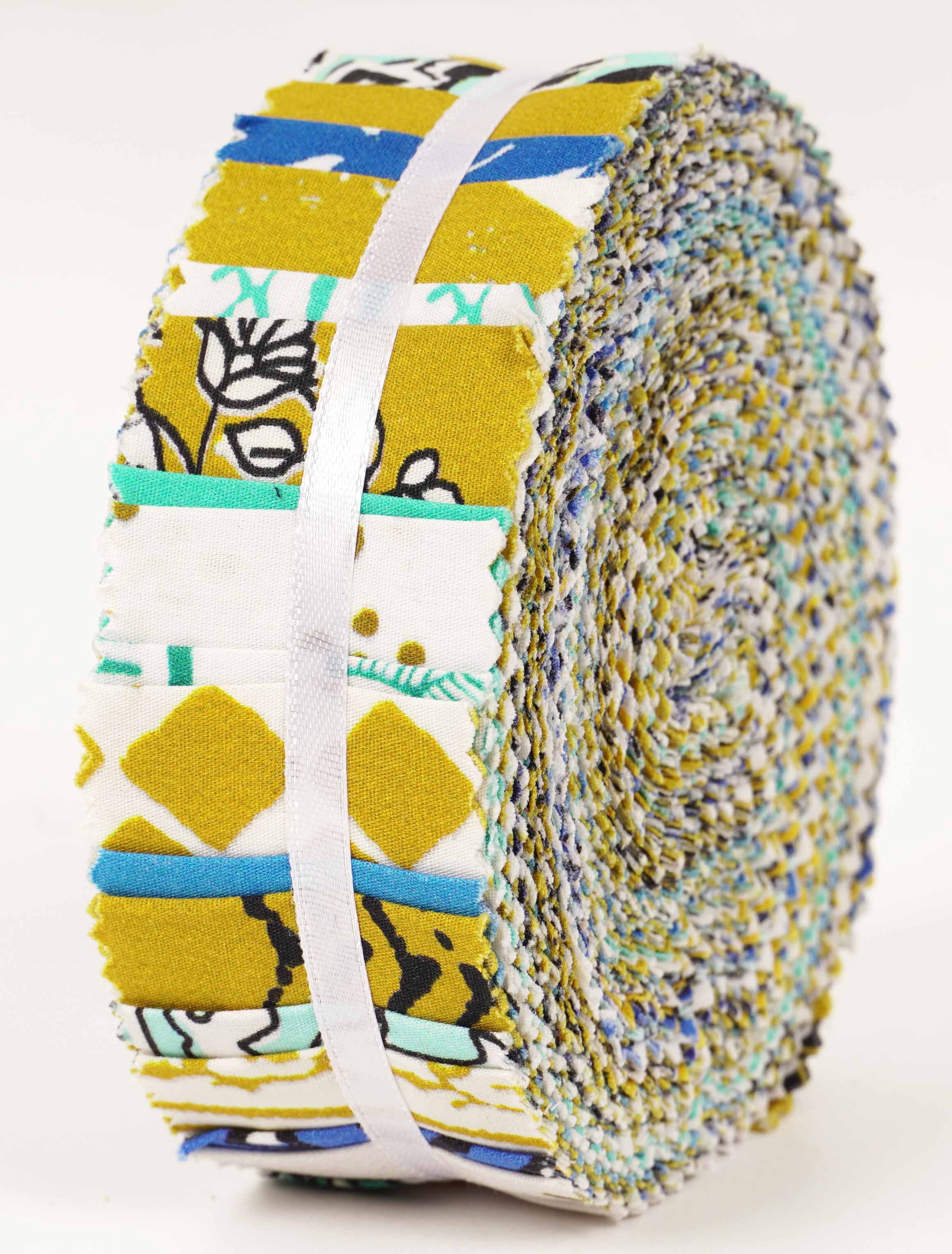 Soimoi 40Pcs Asian Block Print Precut Fabrics Strips Roll Up 1.5x42 inches Cotton Jelly Rolls For Quilting - Mustard, Blue, White