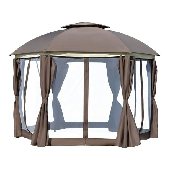 SAZYY 12x12 Steel Gazebo with Double Roof & Curtains, Brown Party Tent with Netting for Outdoor Garden Events