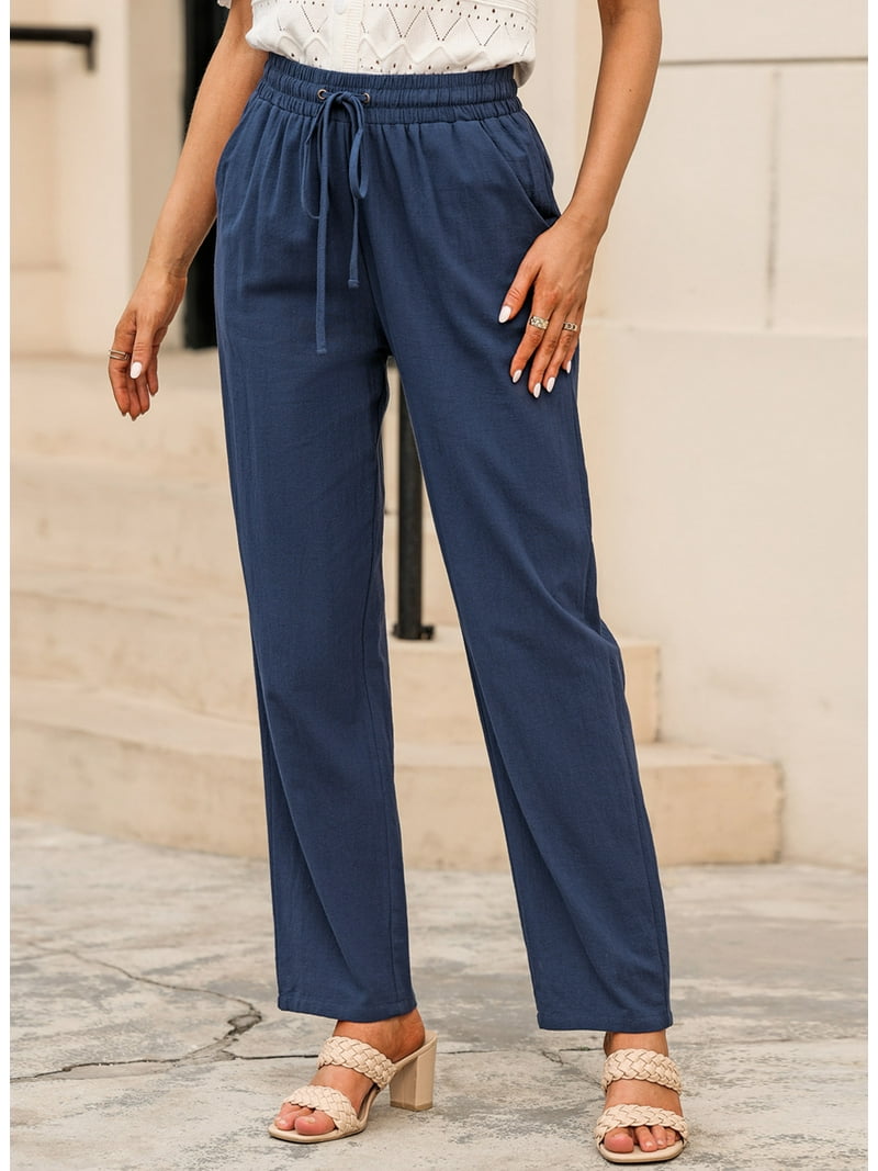 DOKOTOO Womens Straight Leg Pants, High Waist with Elastic