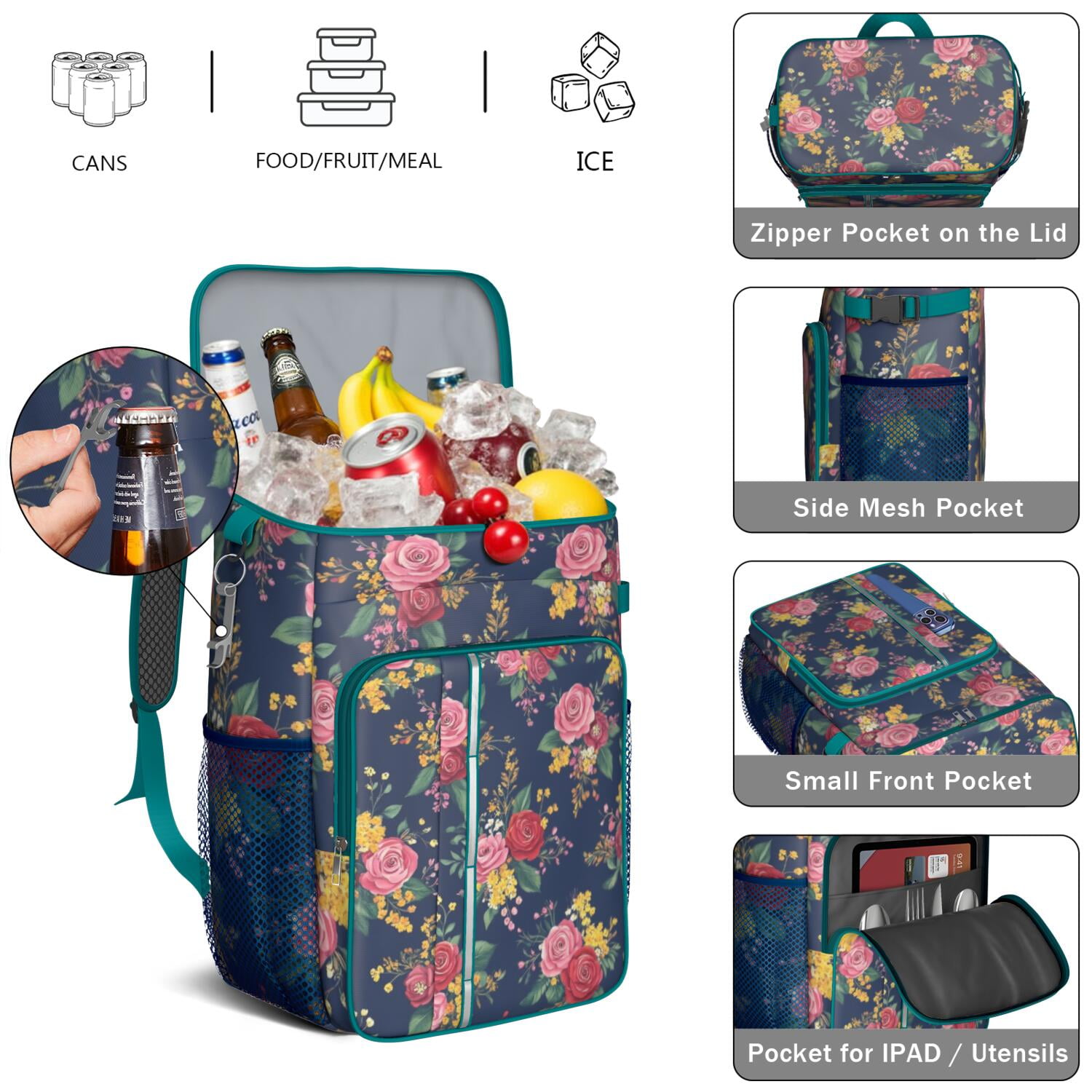 Travel Cooler Bag - Pioneer Flower Floral Print Pattern Camping Beer Cooler Backpack with Bottle Opener- Waterproof Insulated Picnic Backpacks - Cooler Bag for Beach