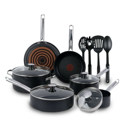 T-fal Cook & Strain Non-stick, 14 Piece Pots and Pans Cookware Set, Black