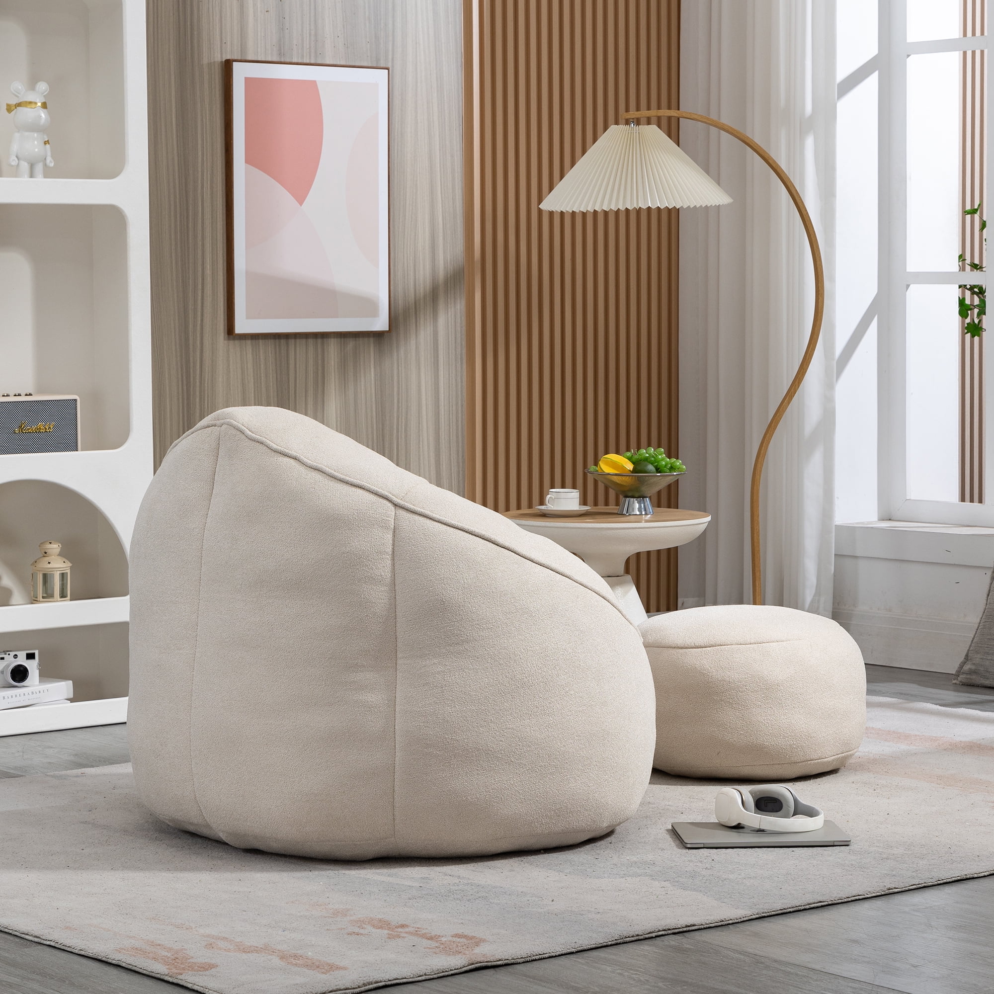 GIKPAL Fabric Tufted Foam Bean Bag Chair with Footstool – Oversized Lazy Sofa for Adults & Teens, Ultra-Soft Teddy Fabric, Ergonomic Support, Durable & Cozy Seating, White