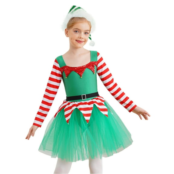 iiniim Kids Girls Christmas Party Outfits Long Sleeve Stripes Tulle Dress Leotard Tutu Dress with Hat Green 10