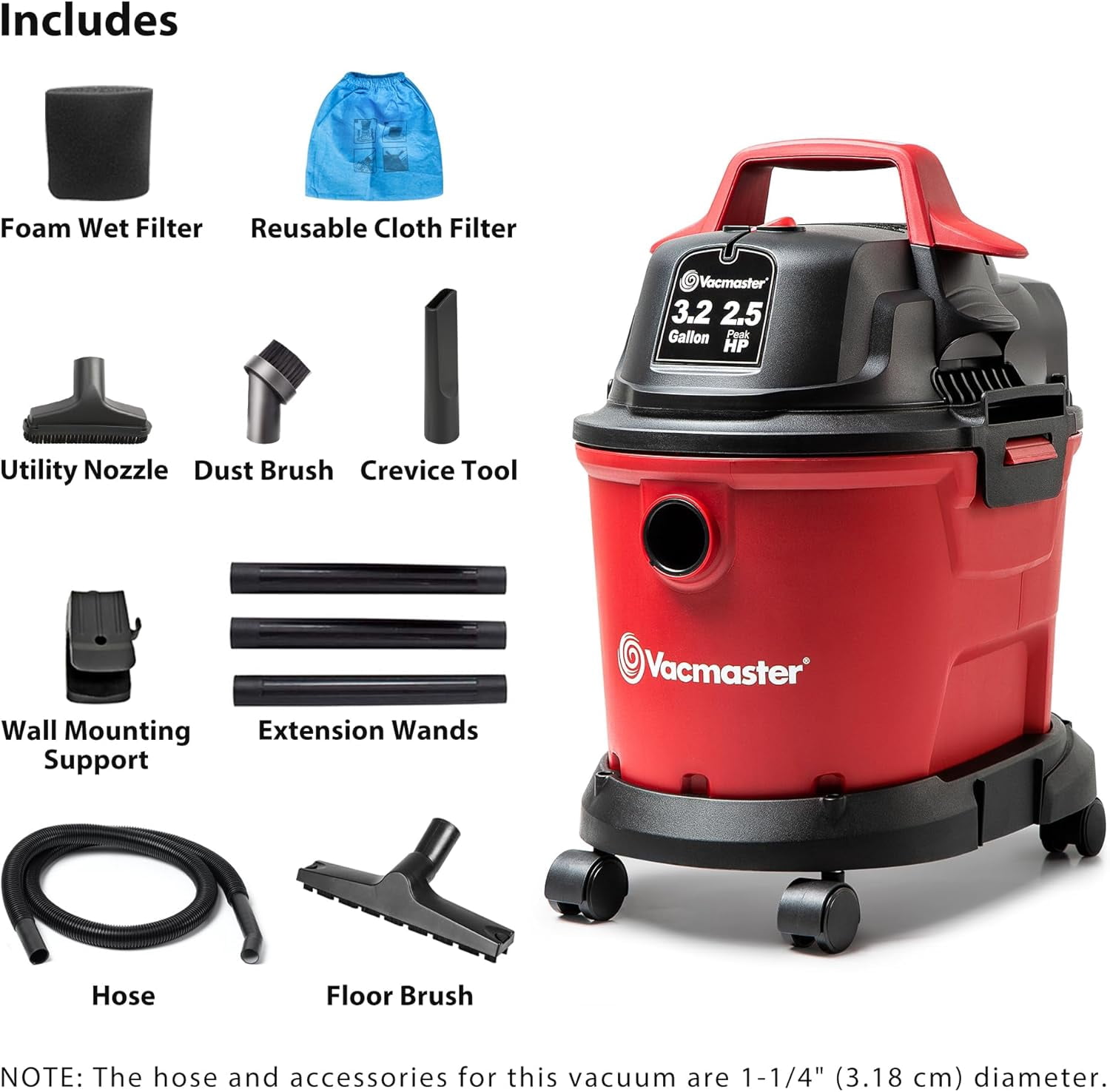 Vacmaster VHB305M 1101 Wall Mount Wet Dry Vacuum, 3.2 Gallon 2.5 Peak HP, Red