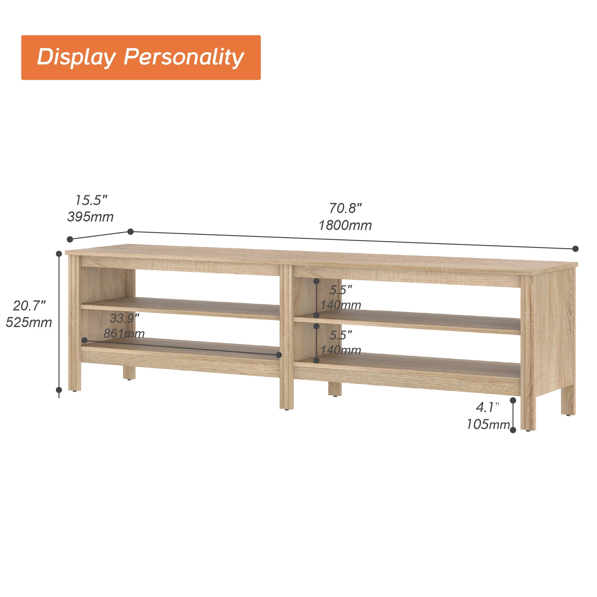 Fitueyes Mid-century Modern TV Stand for 75" TV, Oak Media Console with Open Shelves and LED Light for Living Room, 70 Inch