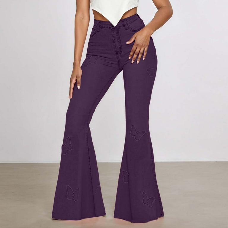 Wovix Casual Long Pants For Women Bell Bottom Jeans Elastic High