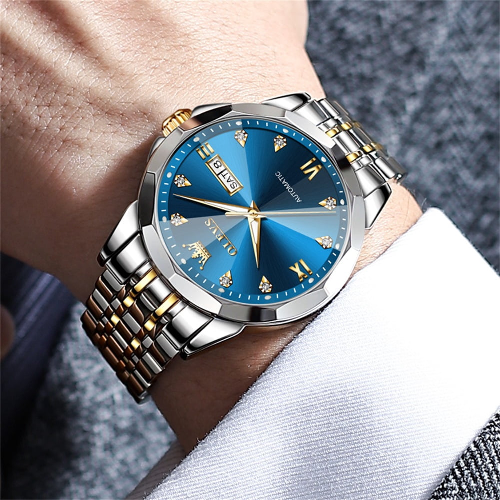 OLEVS Automatic Watches for Men Self Winding Mechanical Luxury Dress Stainless Steel Two Tone Strap Diamond Waterproof Luminous Date Mens Wrist Watches Reloj Para Hombre Black/Blue/Gold/White