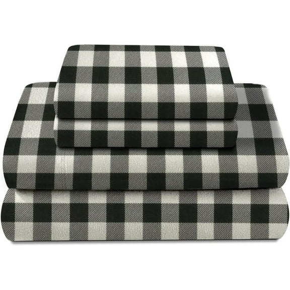 100 Percent Cotton Double Brushed Flannel Sheet Set - 170 GSM Heavyweight, Deep Pockets Buffalo White/ Black - Full