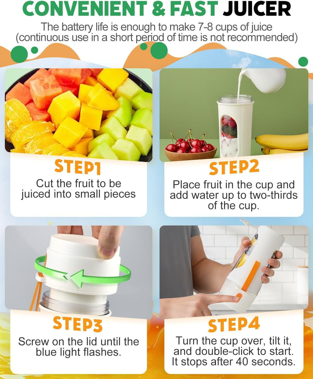 SLUMLOVE Personal Blender for Shakes and Smoothies, 15Oz Portable Blender with Juicing & Straw Lids, Fresh Juice Blender, Small Ice Crushing Blender