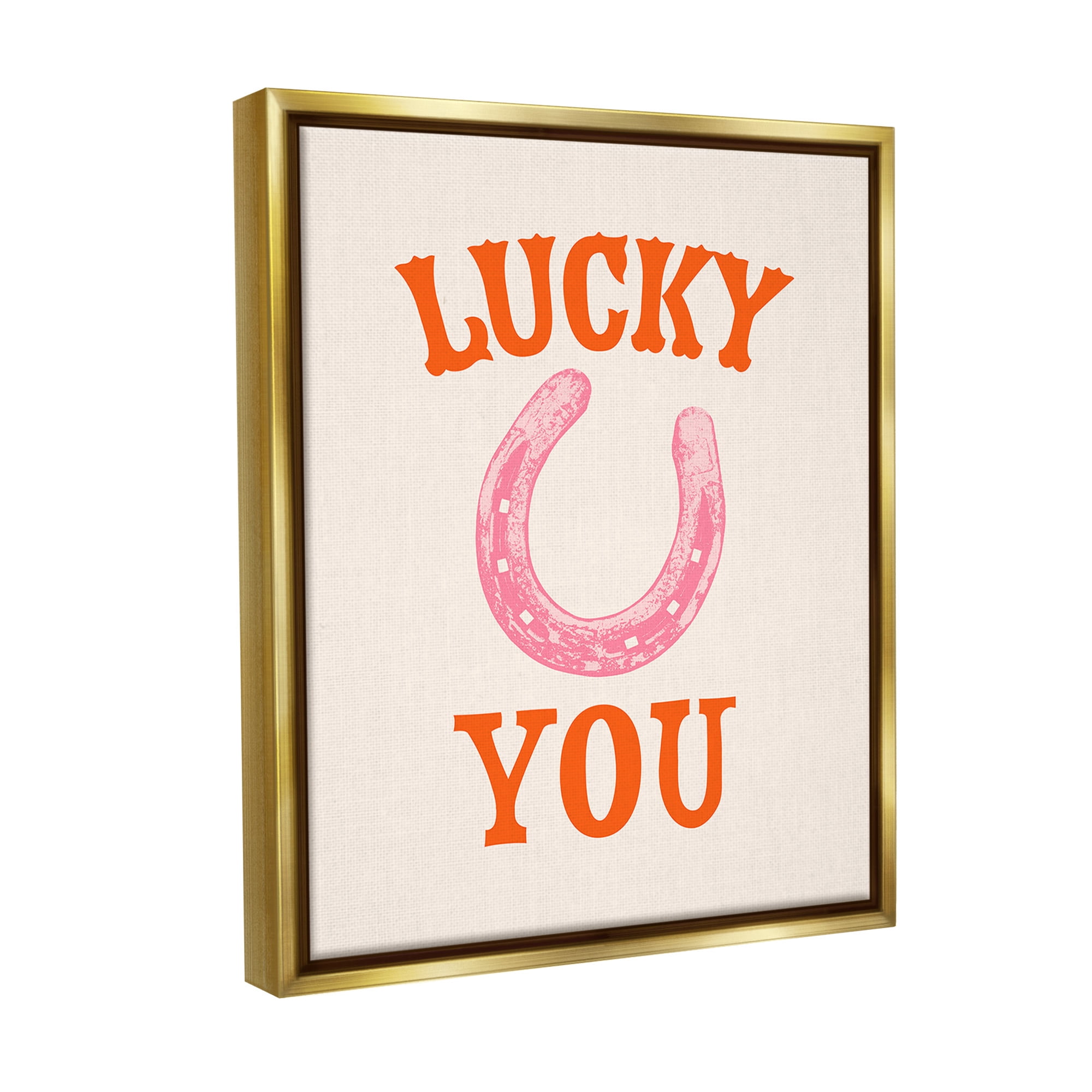 Stupell Industries Lucky You Horseshoe Typography Painting Gold Floater Framed Canvas Art Print Wall Art, 17 x 21