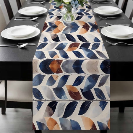 Navy Blue Burnt Orange Table Runner 70 Inches Long, Botanical Palm Leaf Abstract Kitchen Coffee Dining Table Decoration for Home Party Birthday Wedding Home Decor 13x70 Inches