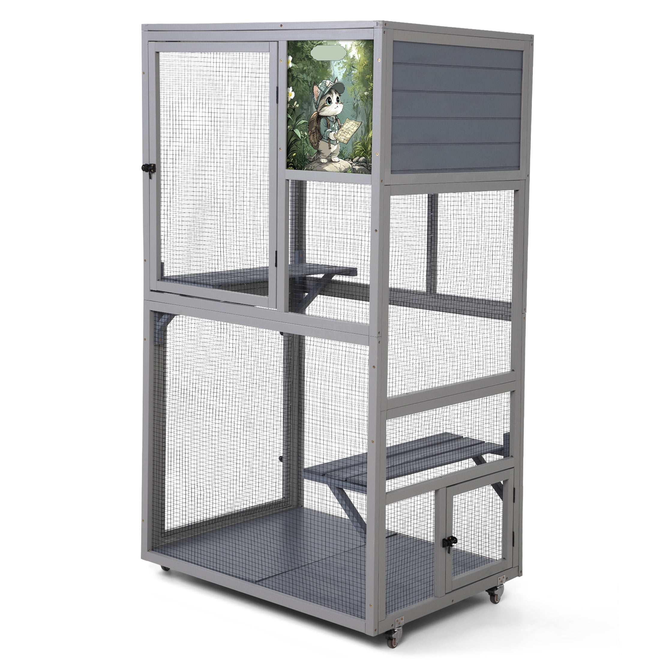 JERFIT 66" Large Outdoor Catio Enclosure with Wheels, 2 Platforms & Sleeping Condo, Portable Cat Cage Patio House for Indoor & Outdoor Use, Gray