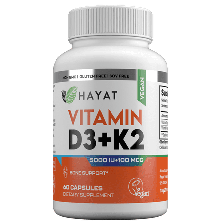 Hayat Vitamins Vegan Natural Vitamin D3+K2 (5000 IU + 100MCG), Certified Halal, 60 Capsules