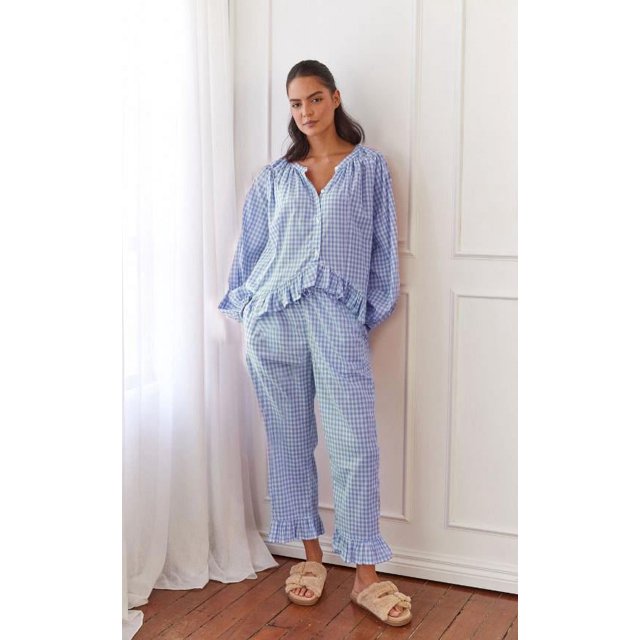 Gupgi Women Plaid Pajama Sets 2 Piece Lounge Set Long Sleeve Button Down Shirt Ruffle Pants