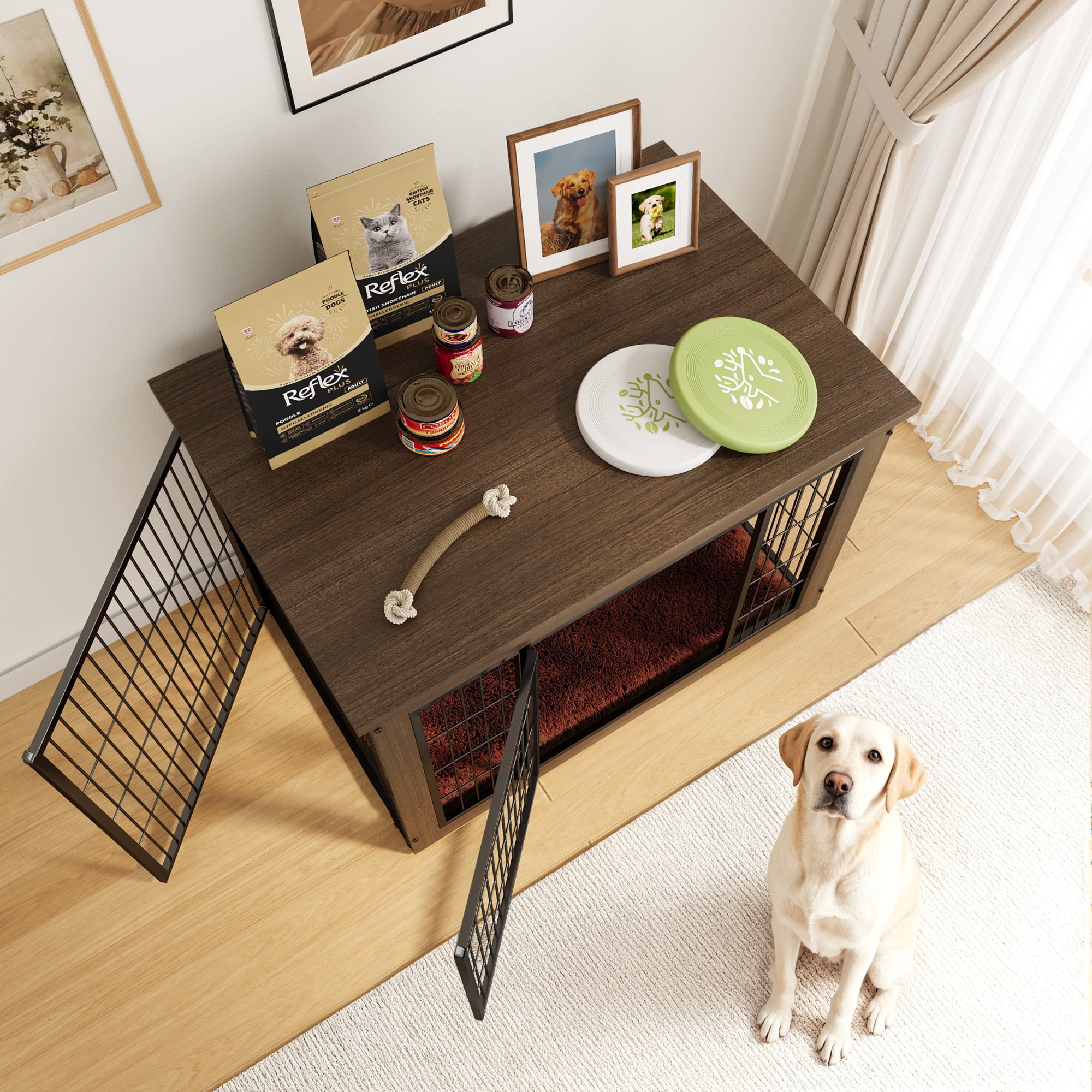 Furmax Heavy-Duty Wooden Dog Crate 2-Door Furniture Style Kennel with Chew-Proof Design & Removable Cushion, End Table for Small, Medium, Large Dogs