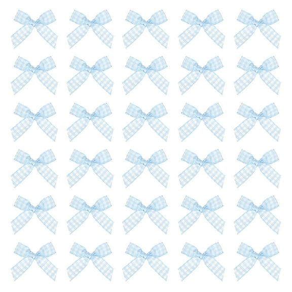 50 Pcs Mini Gingham Ribbon Bows for Craft DIY Cake Sewing Wedding Birthday Party Decoration, Light Blue White