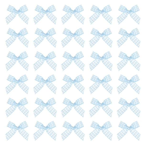 100 Pcs Mini Gingham Ribbon Bows para Manualidades DIY Decoración de Pasteles, Bodas y Fiestas de Cumpleaños, Azul Claro y Blanco