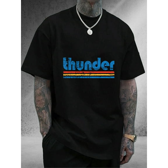 Men's Retro Thunder Graphic T-Shirt - 100% Cotton Unisex Streetwear Tee with Bold Geometric Print, Short Sleeve Round Neck Casual Top for Daily Wear & Gifts | New Arrival, Machine Washable,