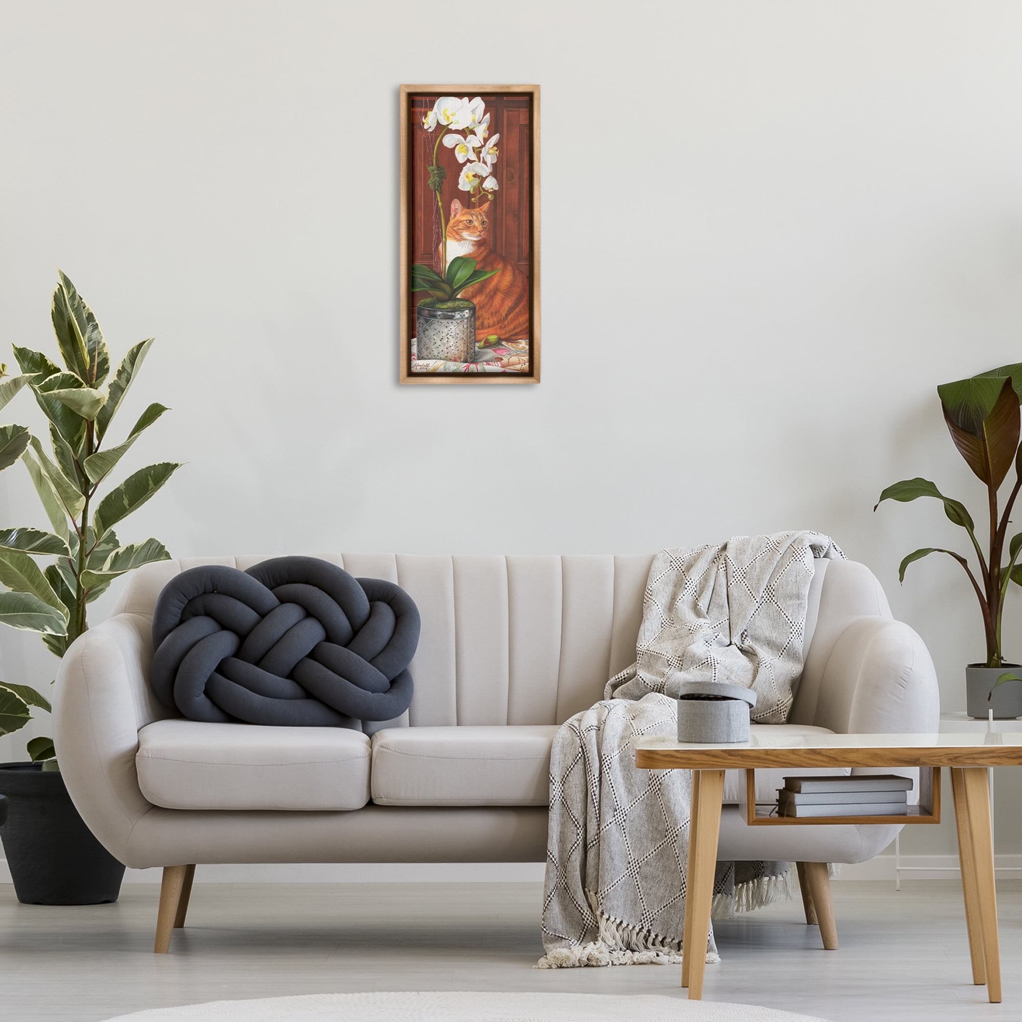 Stupell Industries Cat & Orchid Flower Animals & Insects Painting Brown Floater Framed Canvas Art Print Wall Art, 11 x 25