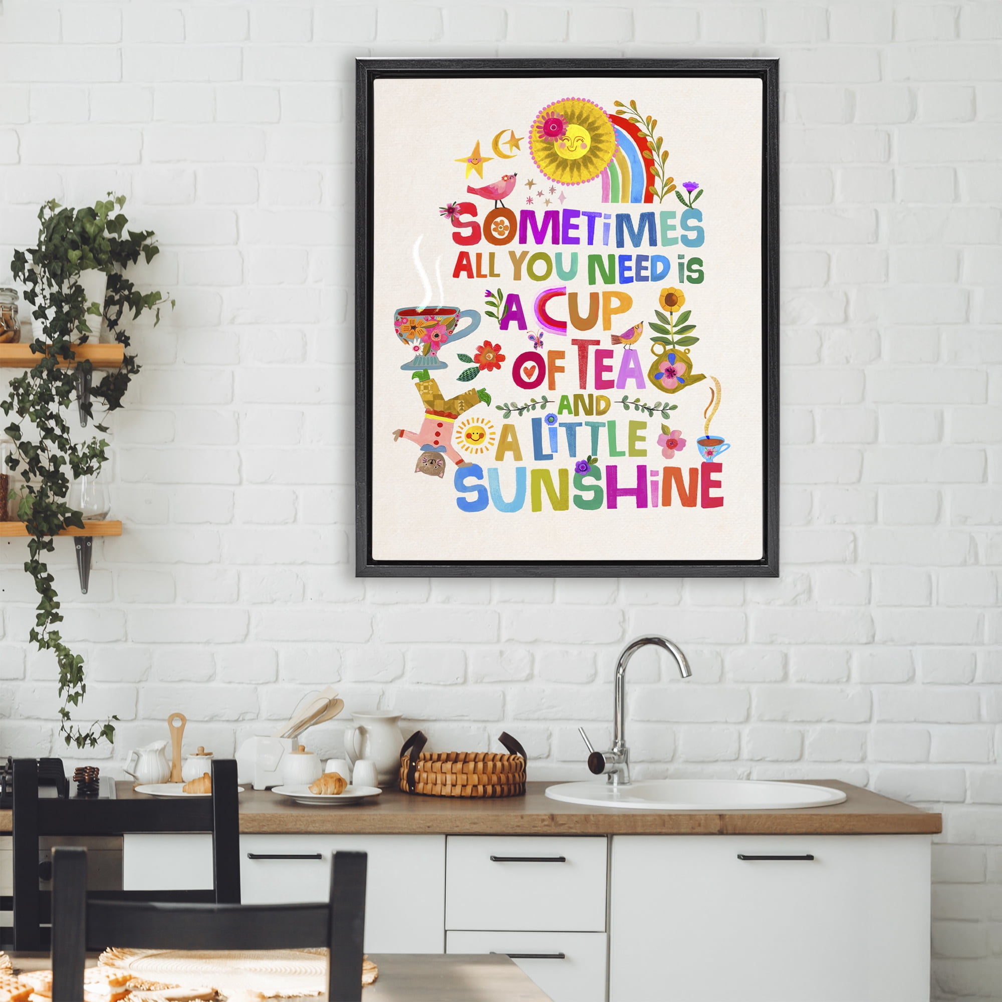 Stupell Industries Cup Of Tea & Sunshine Black Framed Floater Canvas Wall Art, design by Katherine Herrell Studio