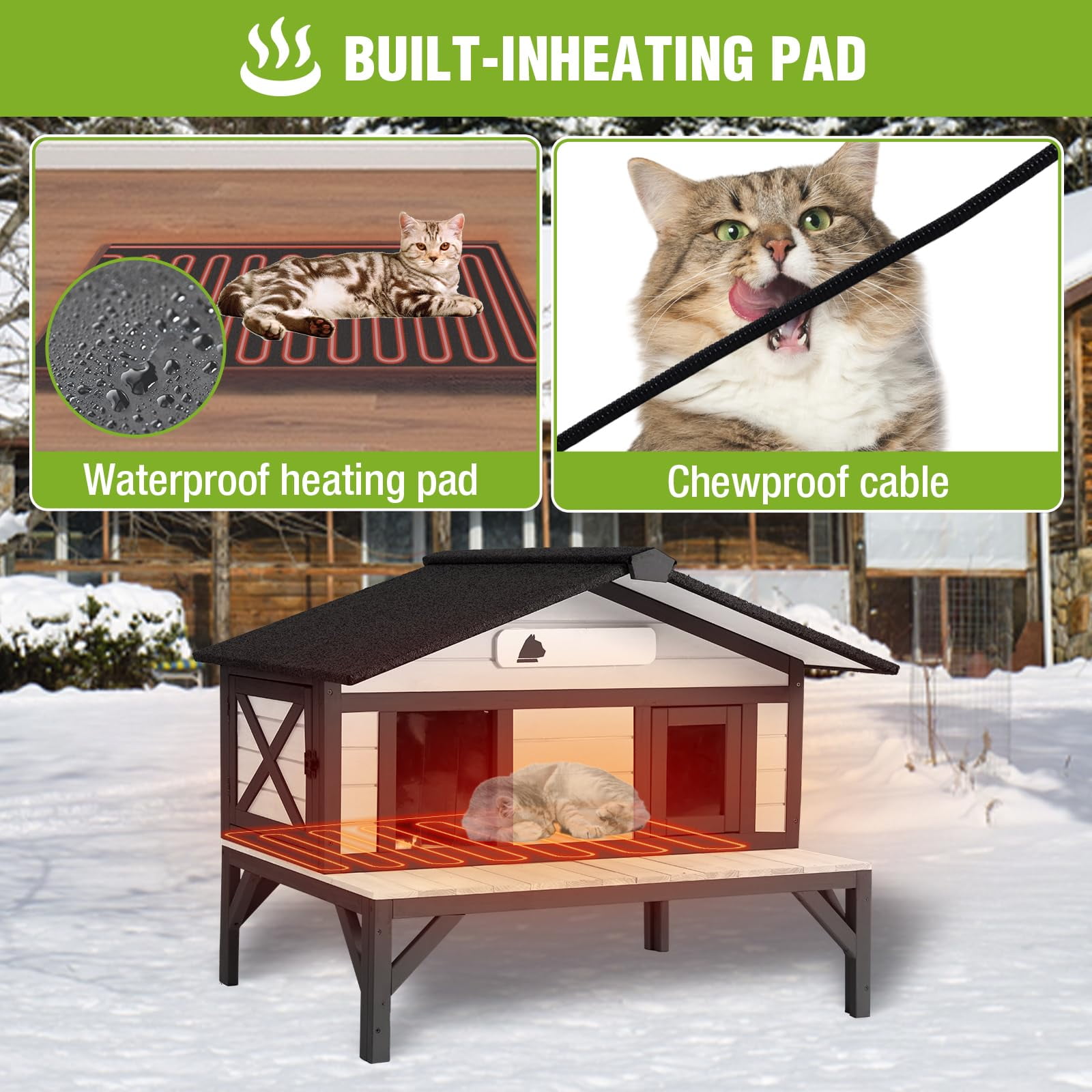 Aivituvin Heated Cat House for Outside, Large Outdoor Cat House Insulated Weatherproof Feral Cat Shelter with Heating Pad, Insulated Thermal Liner, Chewproof Cable for 1-4 Cats, Black & White