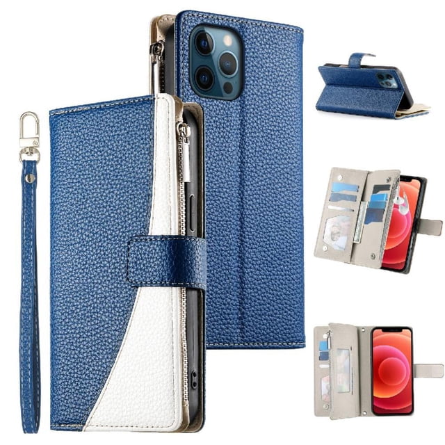 Funda cartera GANGXUN para iPhone 12 Pro Max , cuero PU con tarjetero, cremallera, correa de mano, soporte y protección 604°