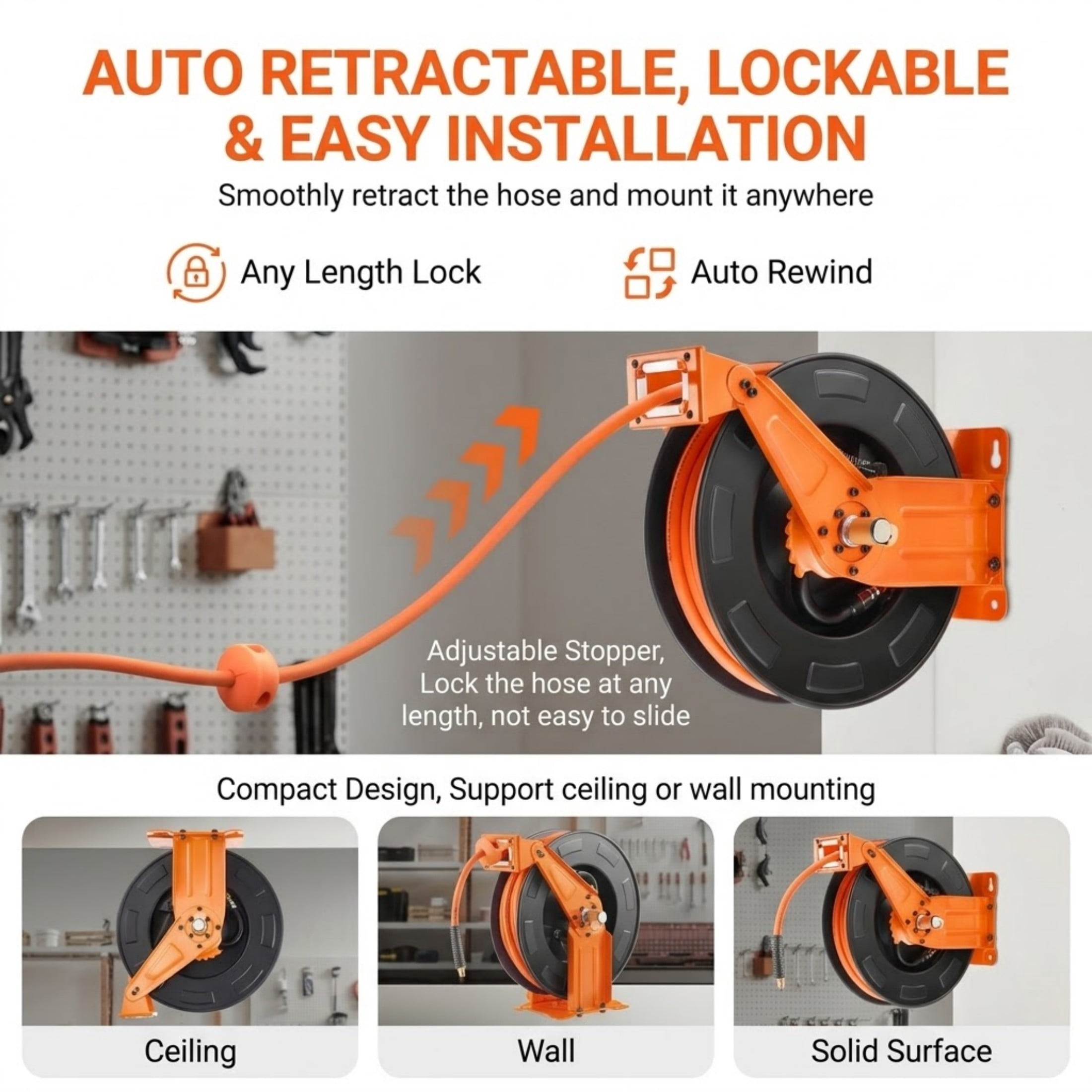 3/8" x 65 ft Retractable Air Hose Reel, Heavy Duty Double Arm Steel Reel with 300 PSI Hybrid Hose