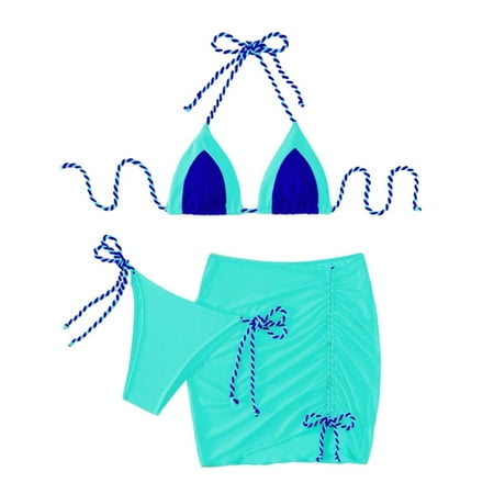 Spentoper Women s Three Piece High Waisted Bikini Sets Sporty Skirt Swimsuit High Cut Bathing Suits Sky Blue XL